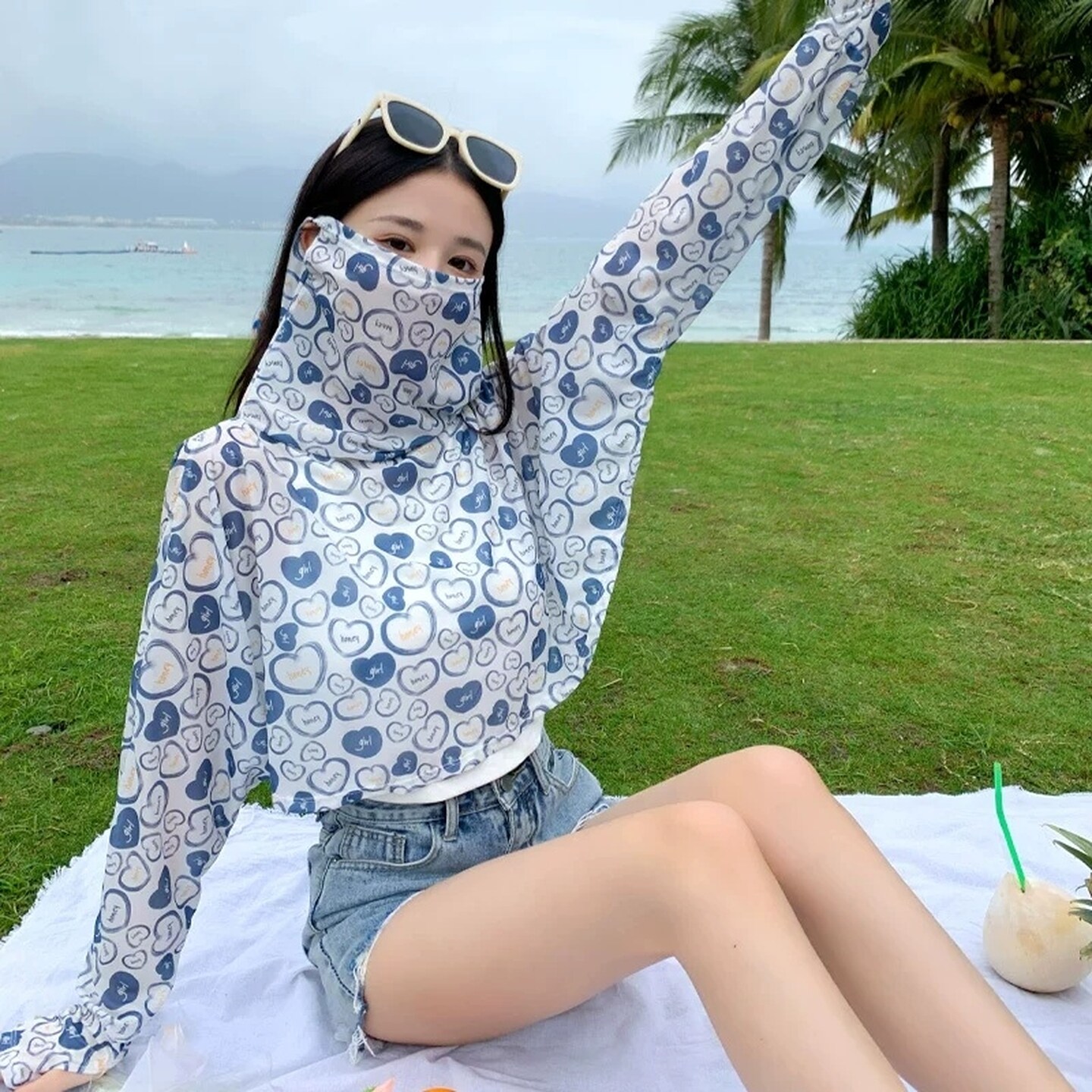 一体式带袖套外穿防晒披肩夏天旅行骑车挂耳面罩多功能遮阳沙滩巾