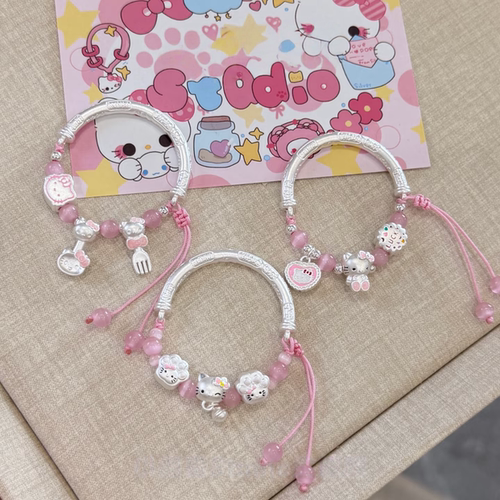 足银999HelloKitty纯银吉言半镯半链Kt猫手链儿童款送学生61礼物
