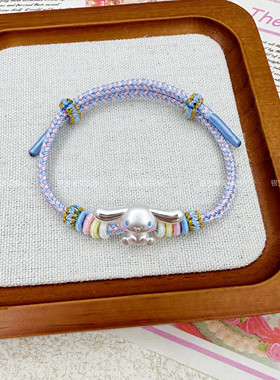 足银999玉桂狗手绳烤漆版大耳狗纯银通孔转运珠可爱送女友闺蜜