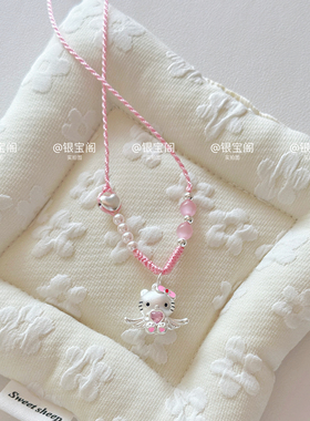 足银999hellokitty爱心天使凯蒂猫吊坠纯银编绳项链款送儿童女友