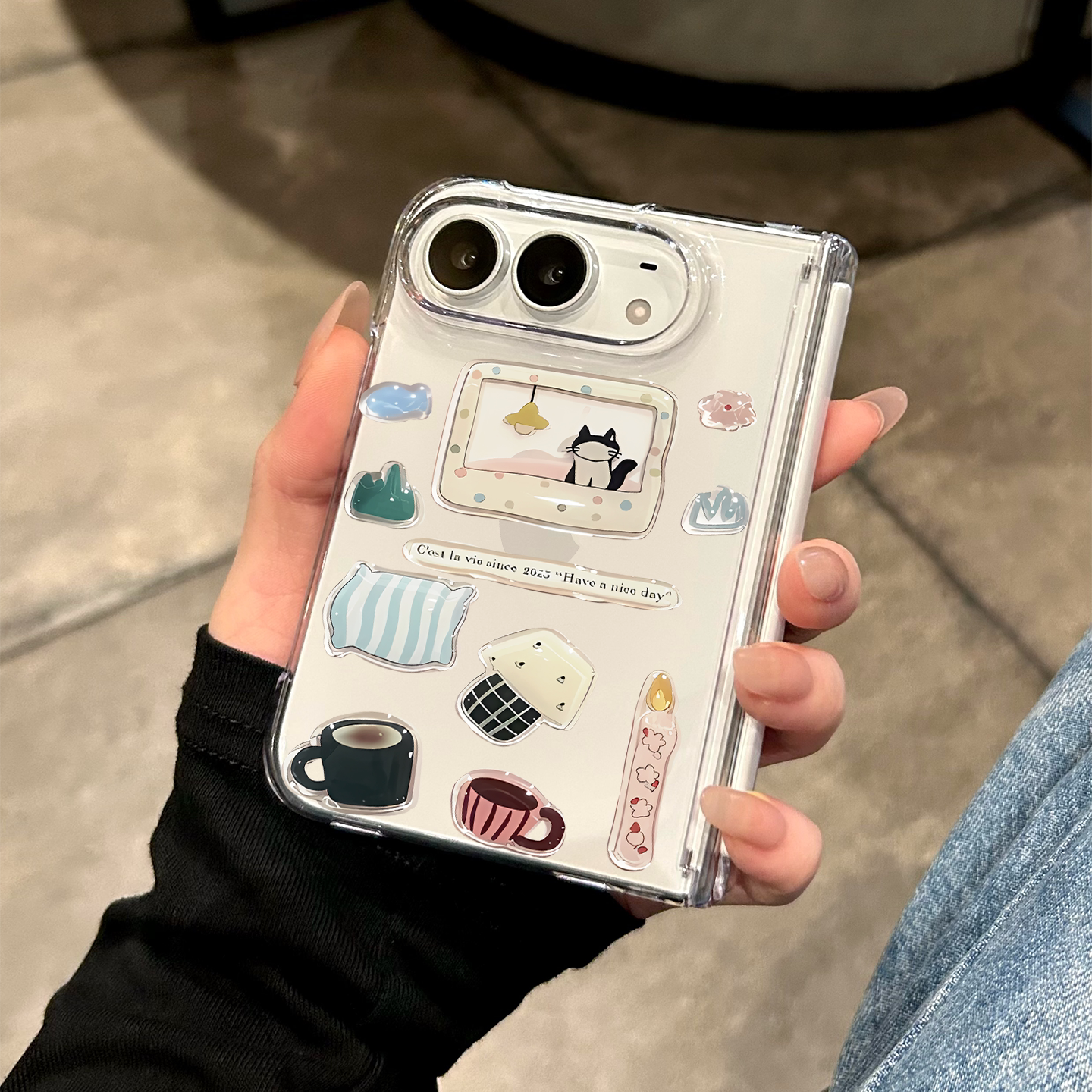 适用苹果折叠手机壳新款iphone duo小清新可爱猫咪贴纸18折叠屏超薄透明高级感18duo全包防摔保护套小众女款