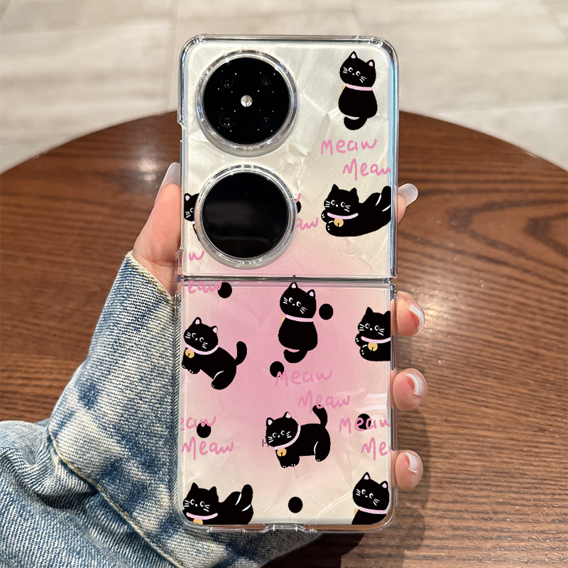 拾壳适用华为pocket2腮红铃铛小黑猫手机壳新款p50pocket高级感折叠屏个性黑色猫咪时尚pockets全包防摔女HW