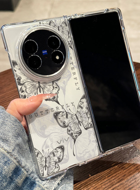 适用vivoxfold5手机壳新款xfold3pro折叠屏黑色蝴蝶线条xfold3高级感xfold2超薄透明小众女款全包防摔保护套