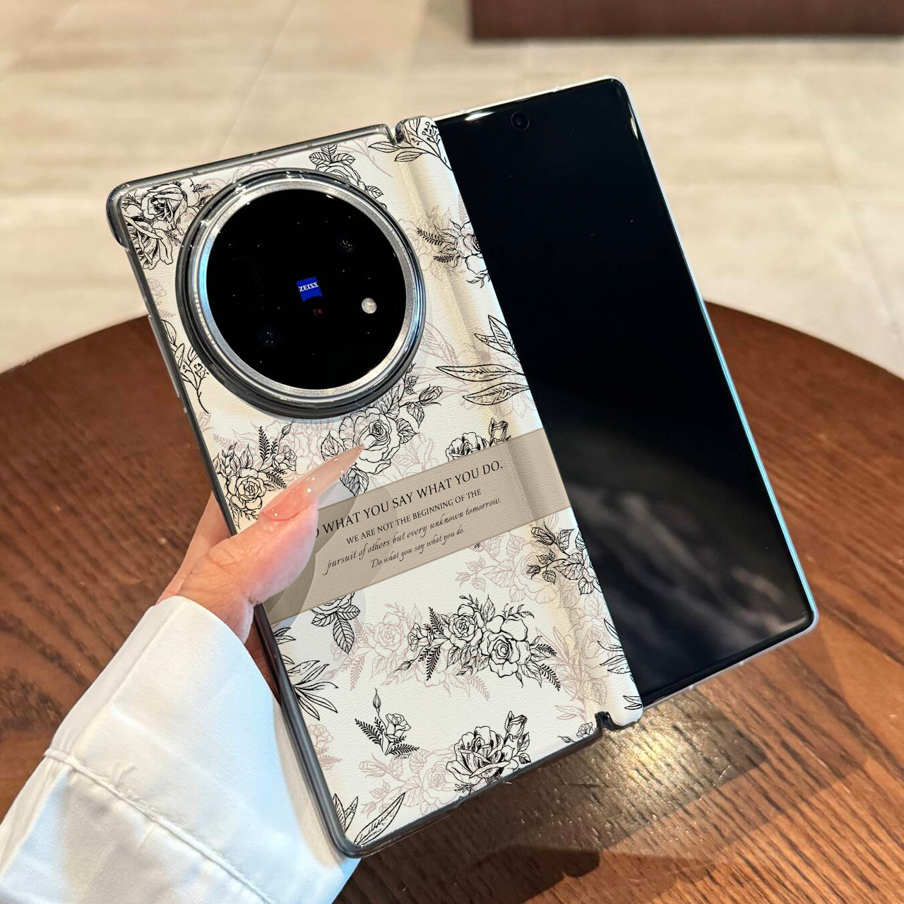 适用于vivoXFold5新款中轴皮套手机壳花朵线条xfold5折叠屏防摔小清新全包保护套VIVO超薄女款复古风时尚英伦