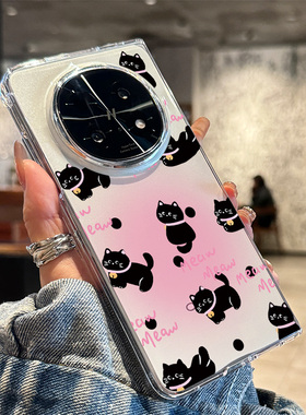 拾壳适用oppofindN5腮红铃铛小黑猫手机壳新款黑色猫咪OPPO折叠屏透明全包防摔FindN5透明保护套卡通粉色女款