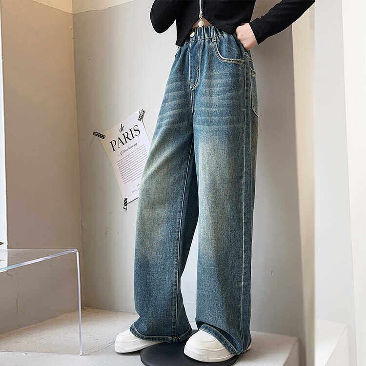 女童牛仔裤春秋装2024新款儿童秋冬季洋气大童直筒裤宽松阔腿裤子