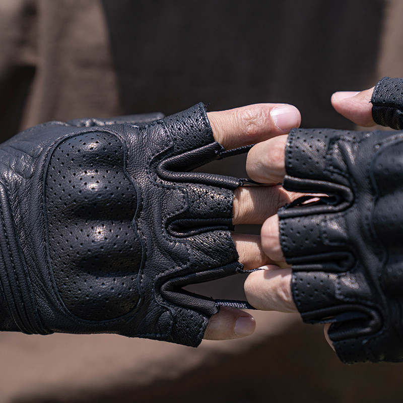 VXW摩托车半指手套男女真皮防摔复古机车骑行装备骑士打孔皮透气