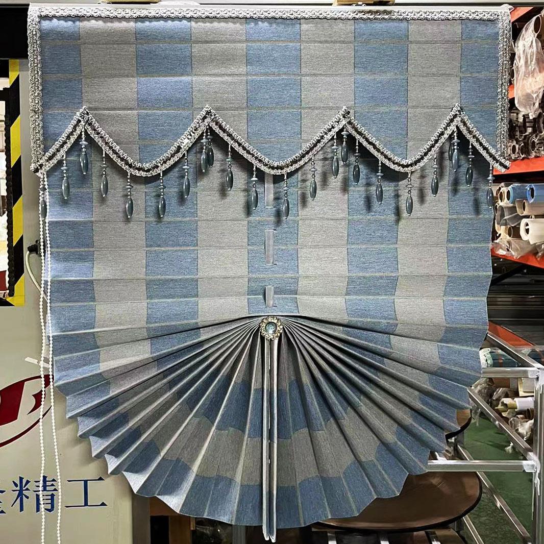 拼色蓝灰双色窗帘遮光气质简约拉升降免打孔卧室书房阳台扇形卷帘