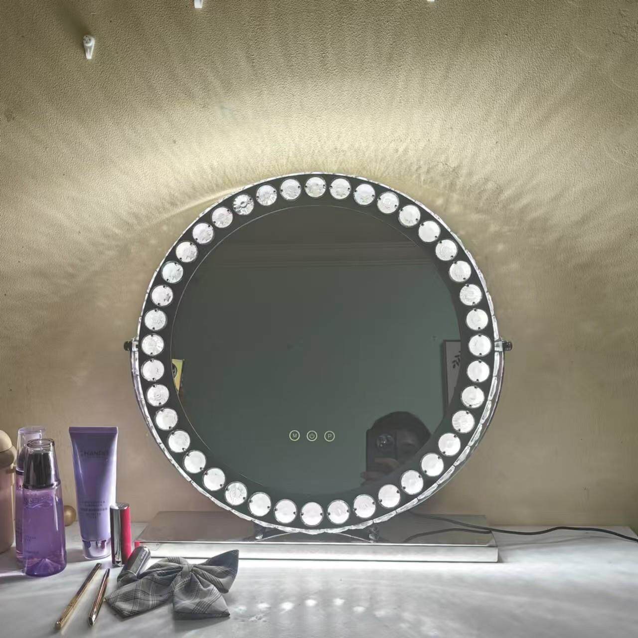 大号水晶LED灯化妆镜桌面台式化妆镜子带灯高端轻奢暮光智能镜圆