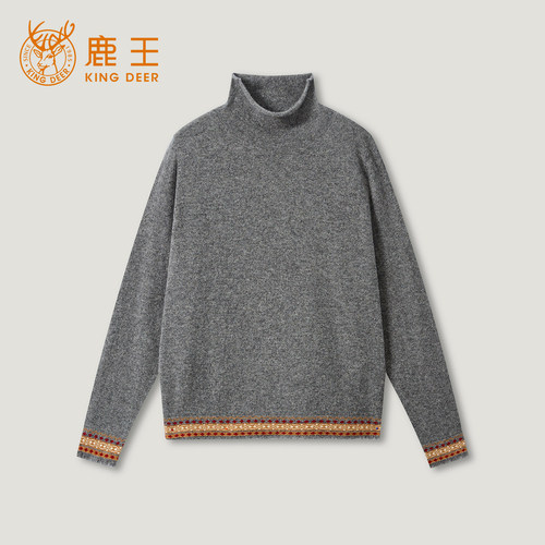 鹿王100%山羊绒撞色高领女衫