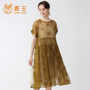 法式 King 新款 鹿王夏季 茶歇风真丝长裙女士桑蚕丝刺绣连衣裙 Deer