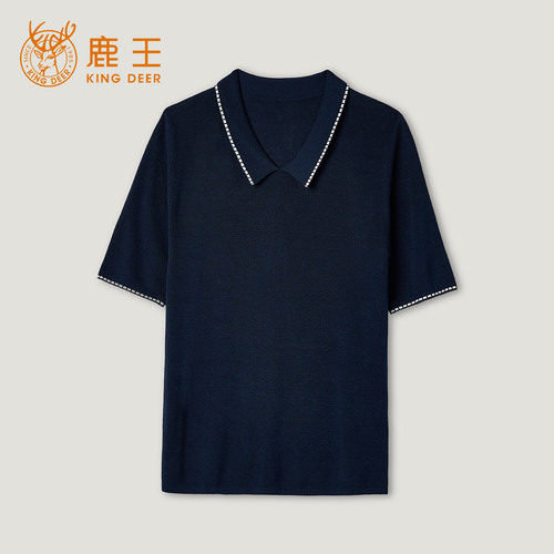 鹿王桑蚕丝亚麻POLO领短袖女T恤