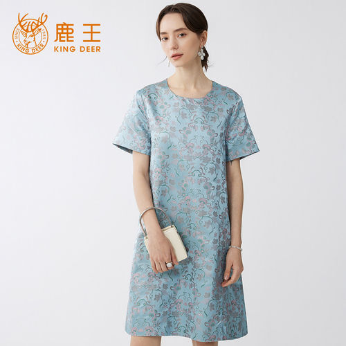 King Deer/鹿王夏季国风气质中式真丝旗袍女桑蚕丝宋锦连衣裙圆领