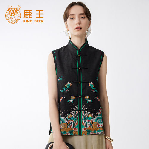 King Deer/鹿王新中式刺绣立领盘扣马甲女时尚坎肩国风真丝马夹