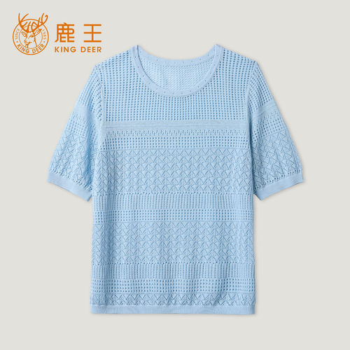 鹿王桑蚕丝亚麻镂空针织T恤女