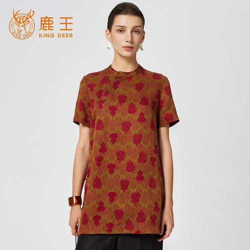 King Deer/鹿王夏季新款新中式桑蚕丝短袖上衣女士香云纱印花小衫