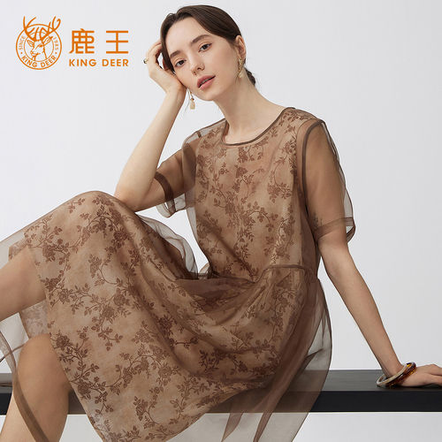 King Deer/鹿王国风欧根纱苎麻棉印花连衣裙女夏季气质宽松中长裙
