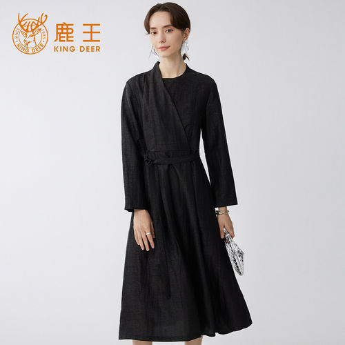 King Deer/鹿王100%桑蚕丝连衣裙女长袖系带收腰复古显瘦真丝长裙