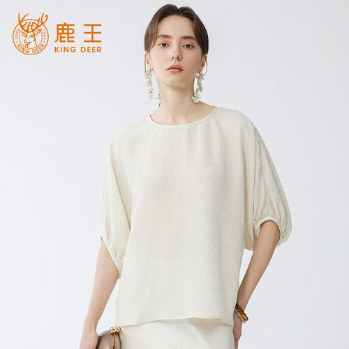 King Deer/鹿王桑蚕丝短袖上衣女夏季新款松弛感新中式真丝小衫