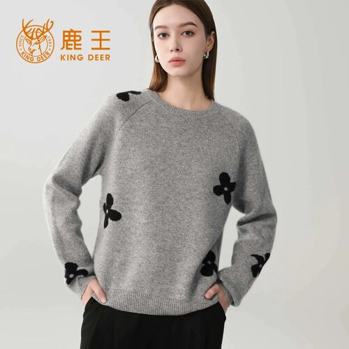 鹿王100%山羊绒圆领加厚女衫
