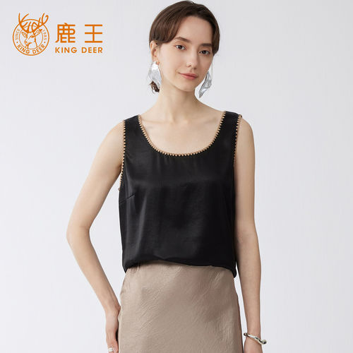 King Deer/鹿王弹力缎香云纱无袖背心女夏季时尚气质真丝吊带上衣