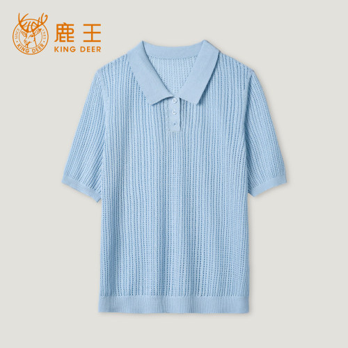 鹿王桑蚕丝亚麻POLO领短袖女T恤