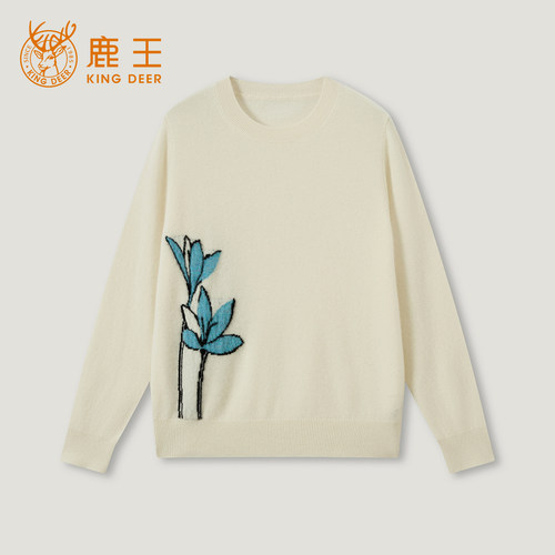 King Deer/鹿王百搭圆领常规大花保暖毛衣休闲套衫羊绒衫L805626
