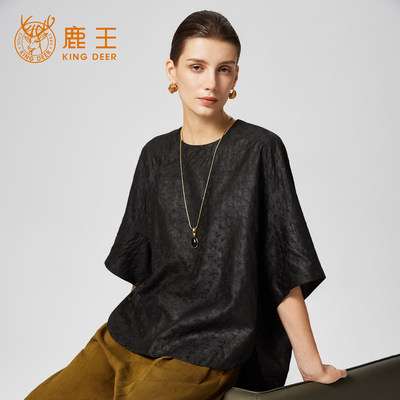 King Deer/鹿王香云纱提花小衫女士夏季新中式宽松桑蚕丝短袖上衣