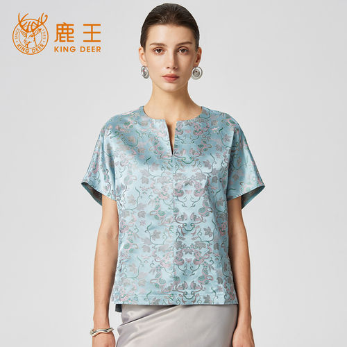 King Deer/鹿王100%桑蚕丝短袖上衣女士夏季新款时尚气质宋锦小衫