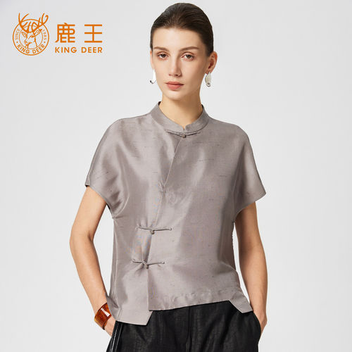 King Deer/鹿王100%桑蚕丝新中式小衫女夏季新款时尚宽松真丝短袖