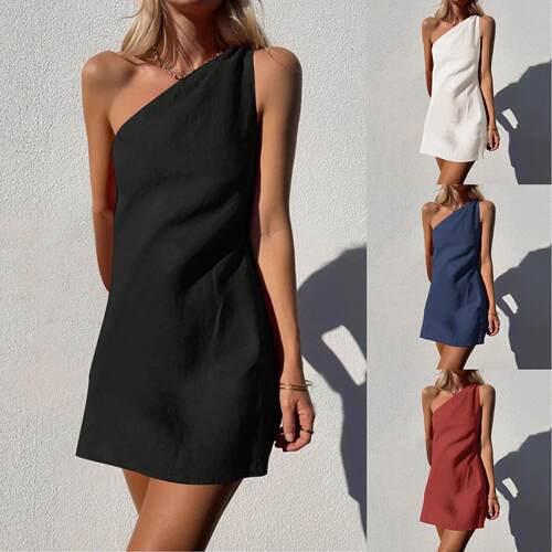 One Shoulder Ladies Casual Dress Solid Color Slim Cotton Dre