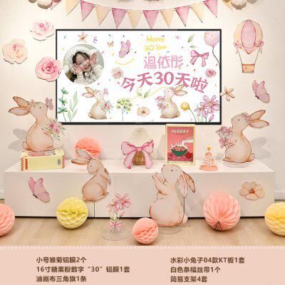 宝宝满月布置百天装饰卡通兔子电视投屏定制背景墙100天仪式感女