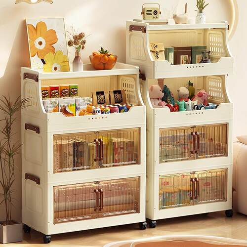 Foldable storage cabinet with wheels, plastic shelf with