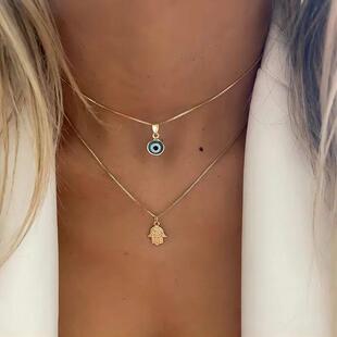 Turkish Lucky Double Layer Palm Evil Eyes Pendant Necklace f