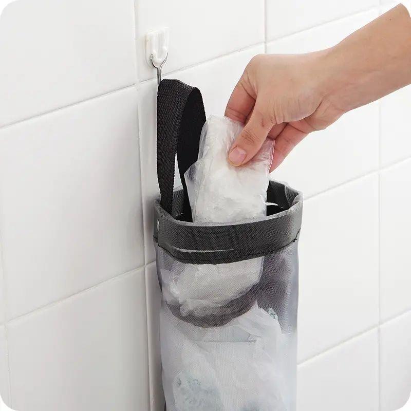 1pc Grey Sundries Bag Storage Wall Mount Mesh Plastic Bags D