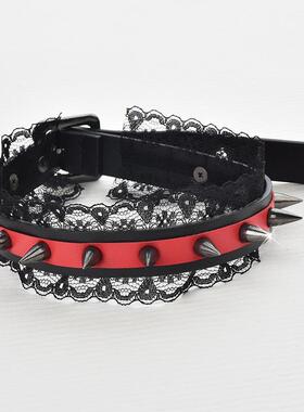 红黑撞色尖刺铆钉朋克蕾丝项圈