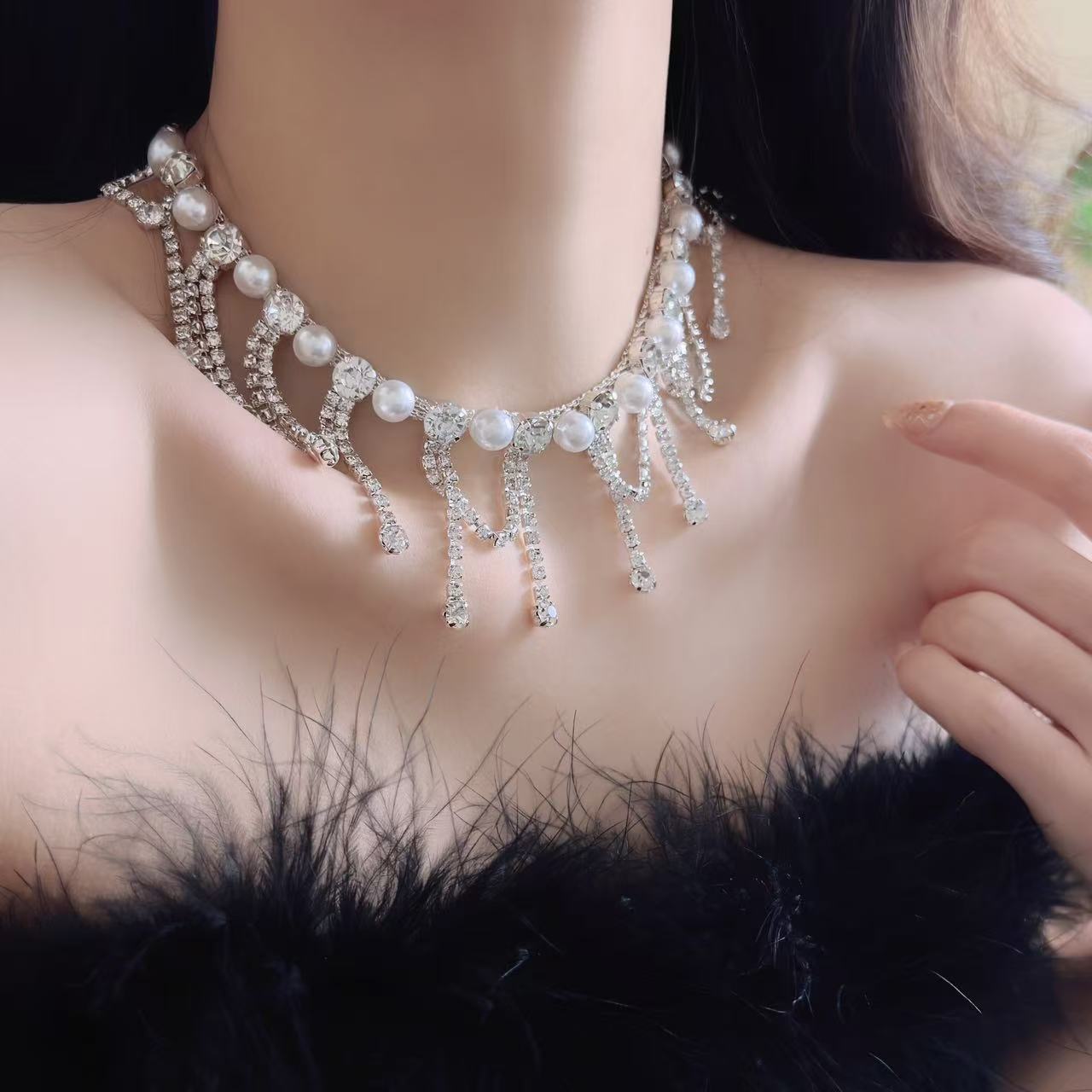 法式轻奢新娘多层珍珠满钻颈链
