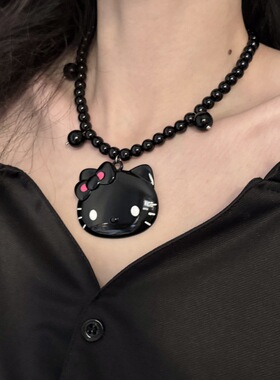 黑色串珠kitty猫吊坠锁骨链女