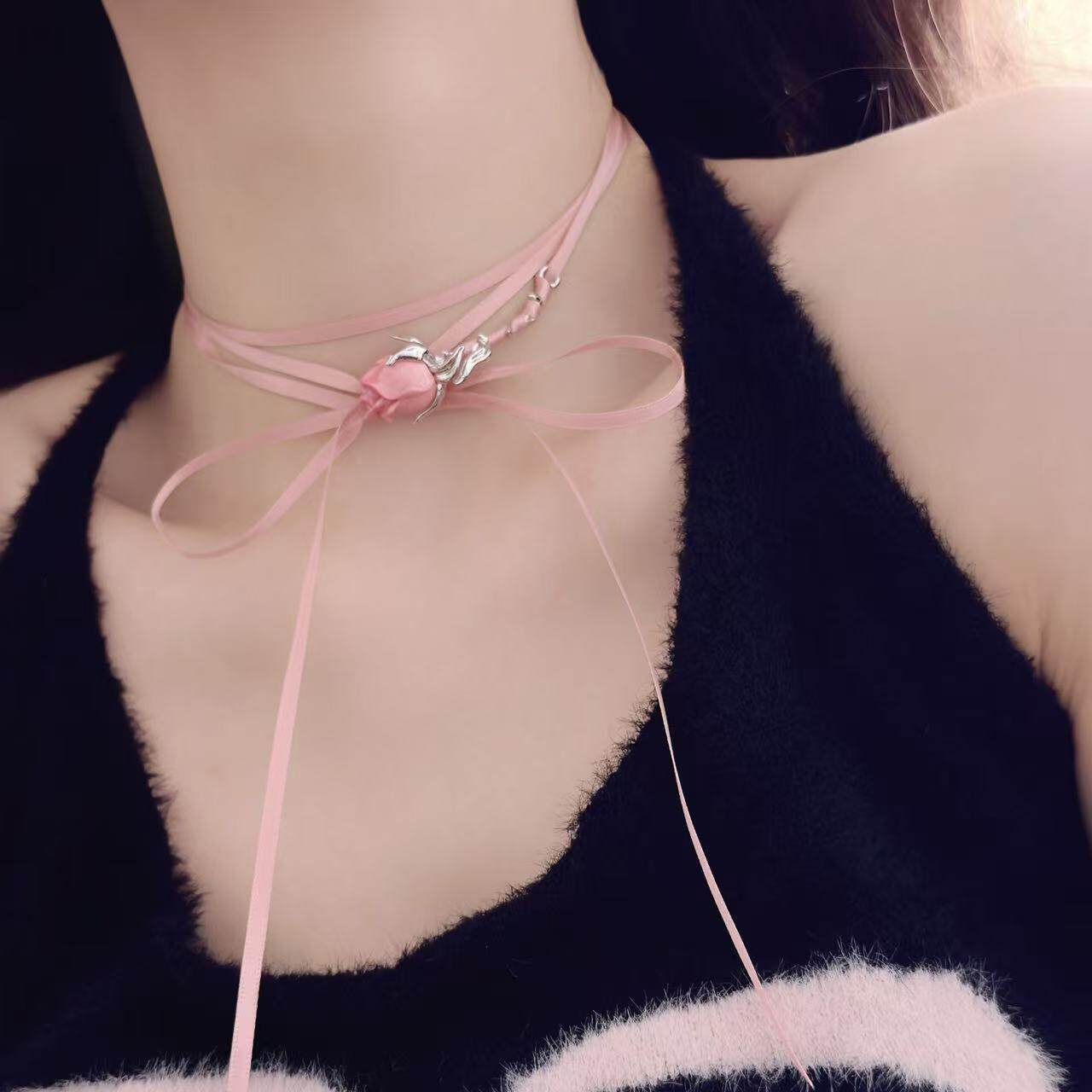 粉色玫瑰丝带锁骨链温柔甜美