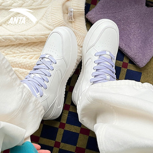 安踏高帮板鞋女2024春季新款轻质厚底增高小白鞋初中生运动鞋皮面