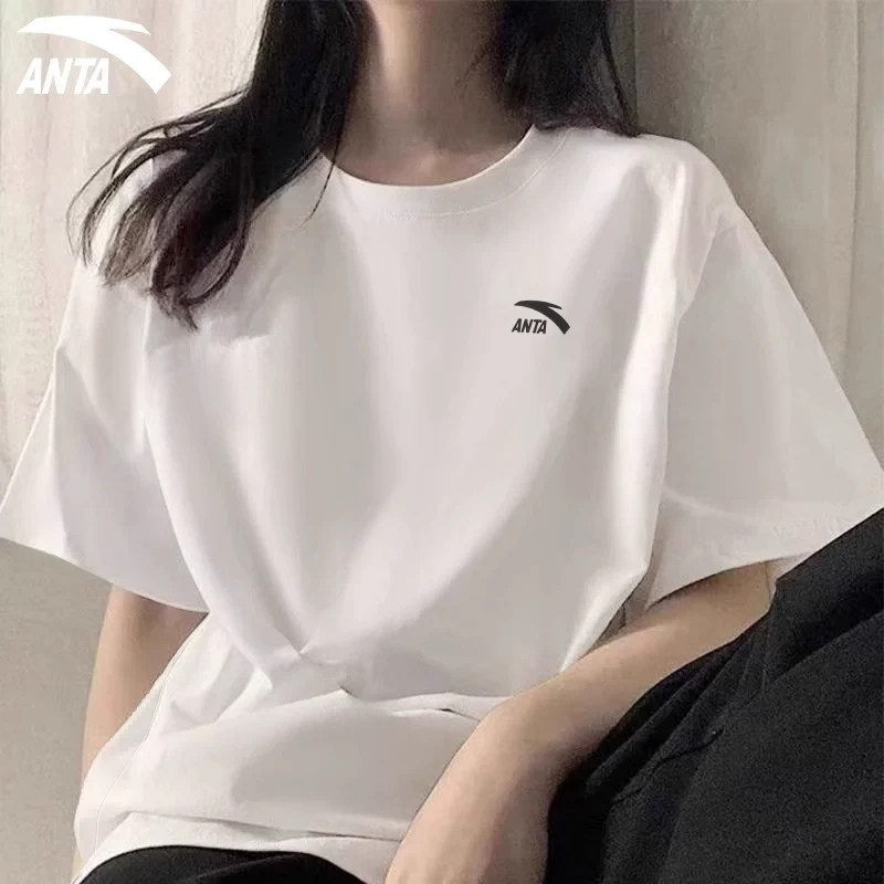 安踏棉质短袖T恤女简约白色夏季圆领宽松上衣透气半袖打底衫体恤