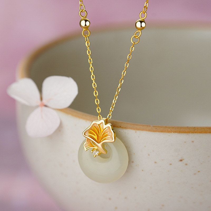 足银S999银杏叶平安扣项链气质国风清新高端简约锁骨链跨境代发