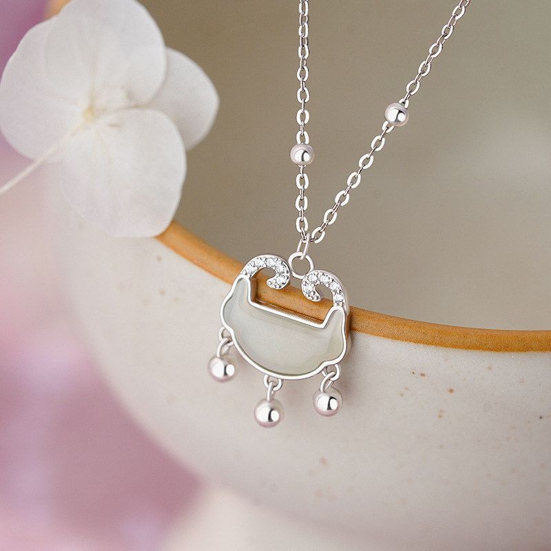 足银S999平安锁和田玉项链国潮国风复古淡雅长命锁温柔锁骨链