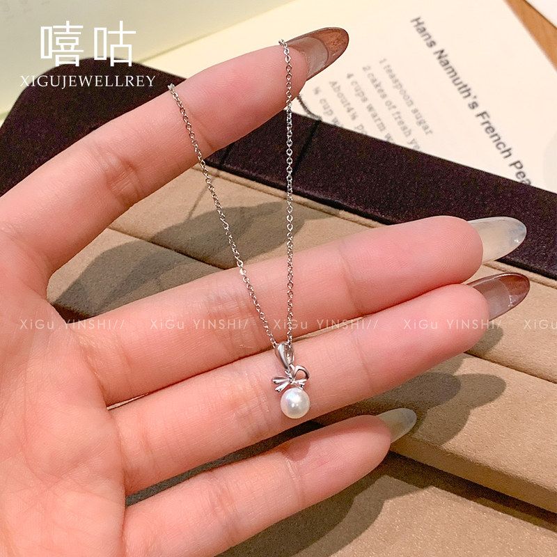 通体S925银蝴蝶结珍珠项链女高级感小众韩系甜美锁骨链