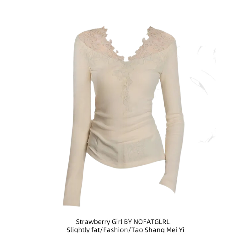 温柔风蕾丝V领修身叠穿针织衫