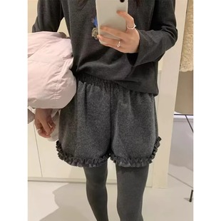 女秋冬款 高级感灰色毛呢直筒阔腿裤 新品 百搭绝美短裤 子 大码 裤 时尚