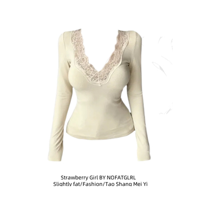 纯欲风蕾丝V领新年红色打底T恤