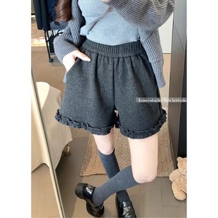 短裤 韩国东大门松紧腰显瘦木耳边甜美加绒休闲裤 女2025冬 时尚 大码