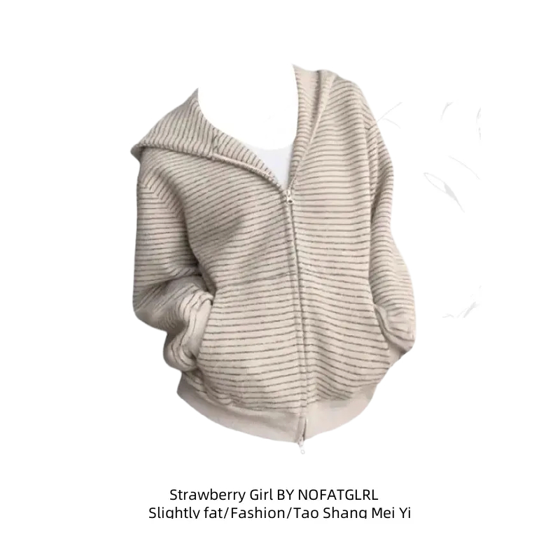 大码胖MM美式复古条纹连帽卫衣