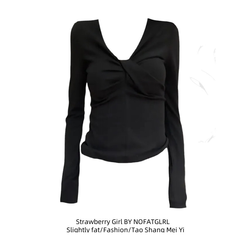 微胖mm赫本风黑色v领长袖t恤